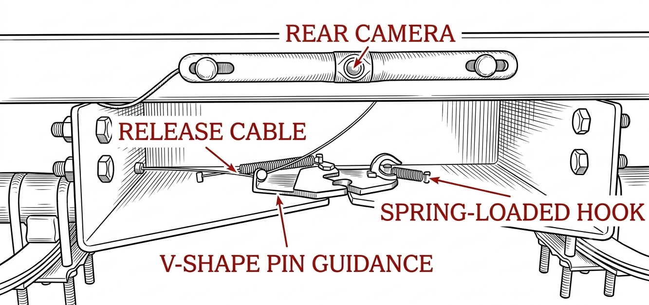 Labeled illustration of the Enabler's rear catch bracket. Labels mark the rear camera set into the crossbar above, the release cable running back to the spring-loaded hook, and the V-shaped bracket that guides the implement pin in from the side.