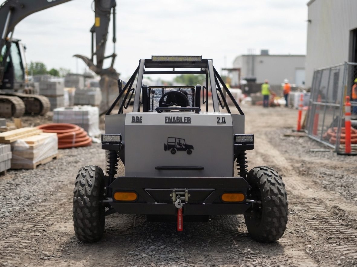 The Enabler 2.0 parked rear-facing on a construction site, heavy equipment and workers in the background