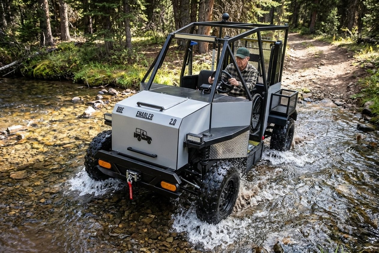 Person driving the Enabler 2.0 through a shallow rocky creek in a forest, water splashing around the wheels