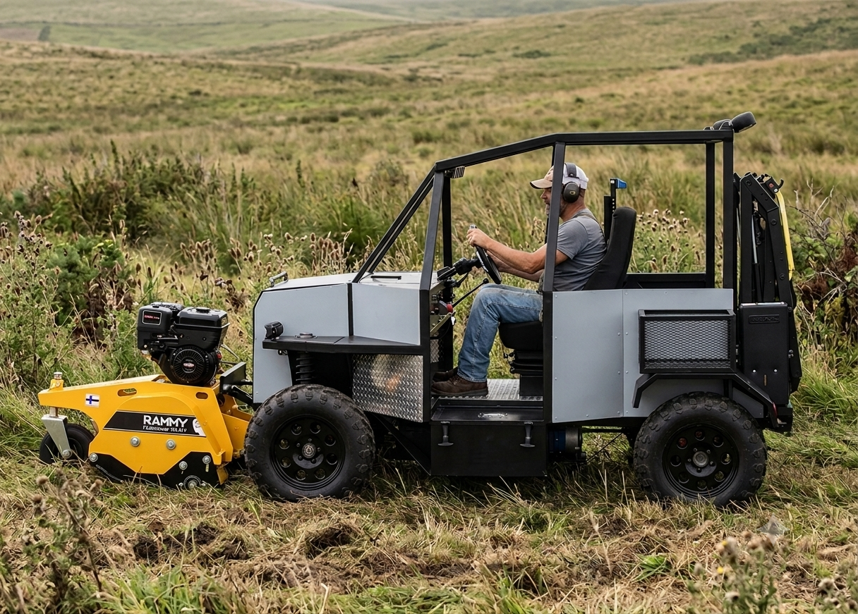 The Enabler 2.0 towing a Rammy flail mower across a grassy hillside, driver at the wheel