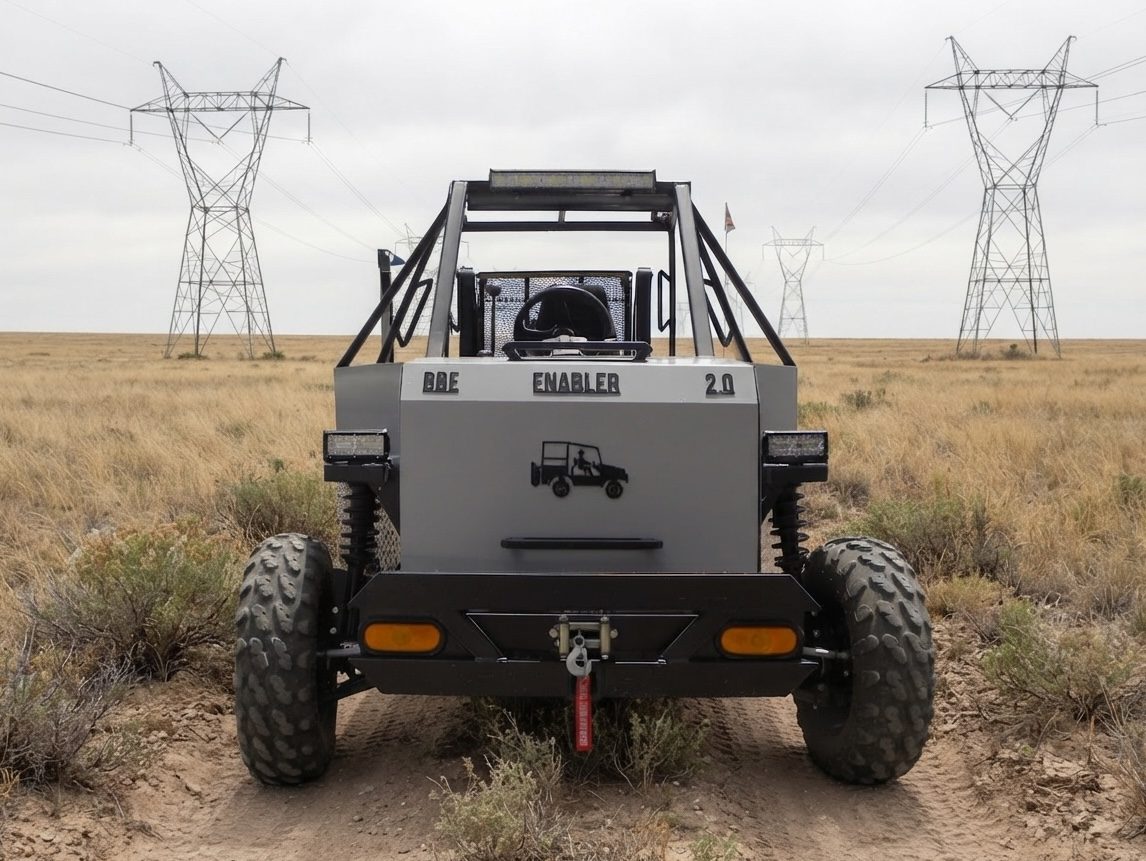 The Enabler 2.0 parked rear-facing in open grassland beneath a row of transmission towers