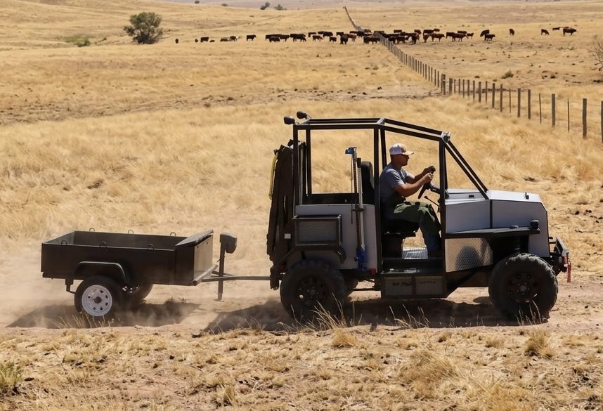 The Enabler 2.0 towing a small utility trailer on a dirt ranch road, cattle grazing along a fence line in the background