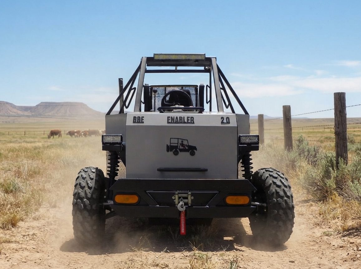 The Enabler 2.0 parked rear-facing on a ranch, cattle grazing along a fence line
