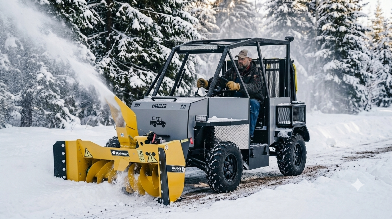 The Enabler 2.0 clearing a snowy road with a front-mounted Rammy snowblower, snow spraying from the chute