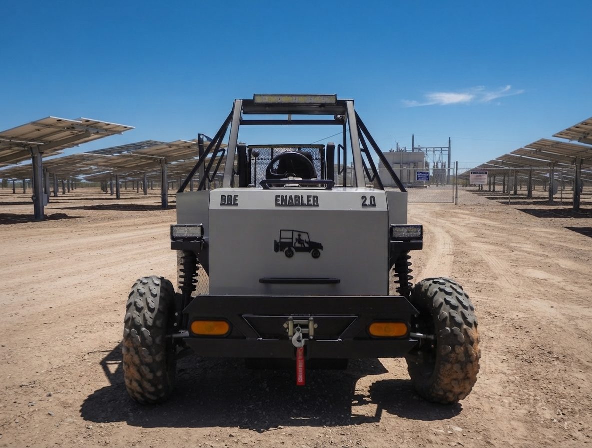 Rear view of the Enabler 2.0 parked on a dirt road at a solar array, showing the frame, rear winch, and BBE Enabler 2.0 badge