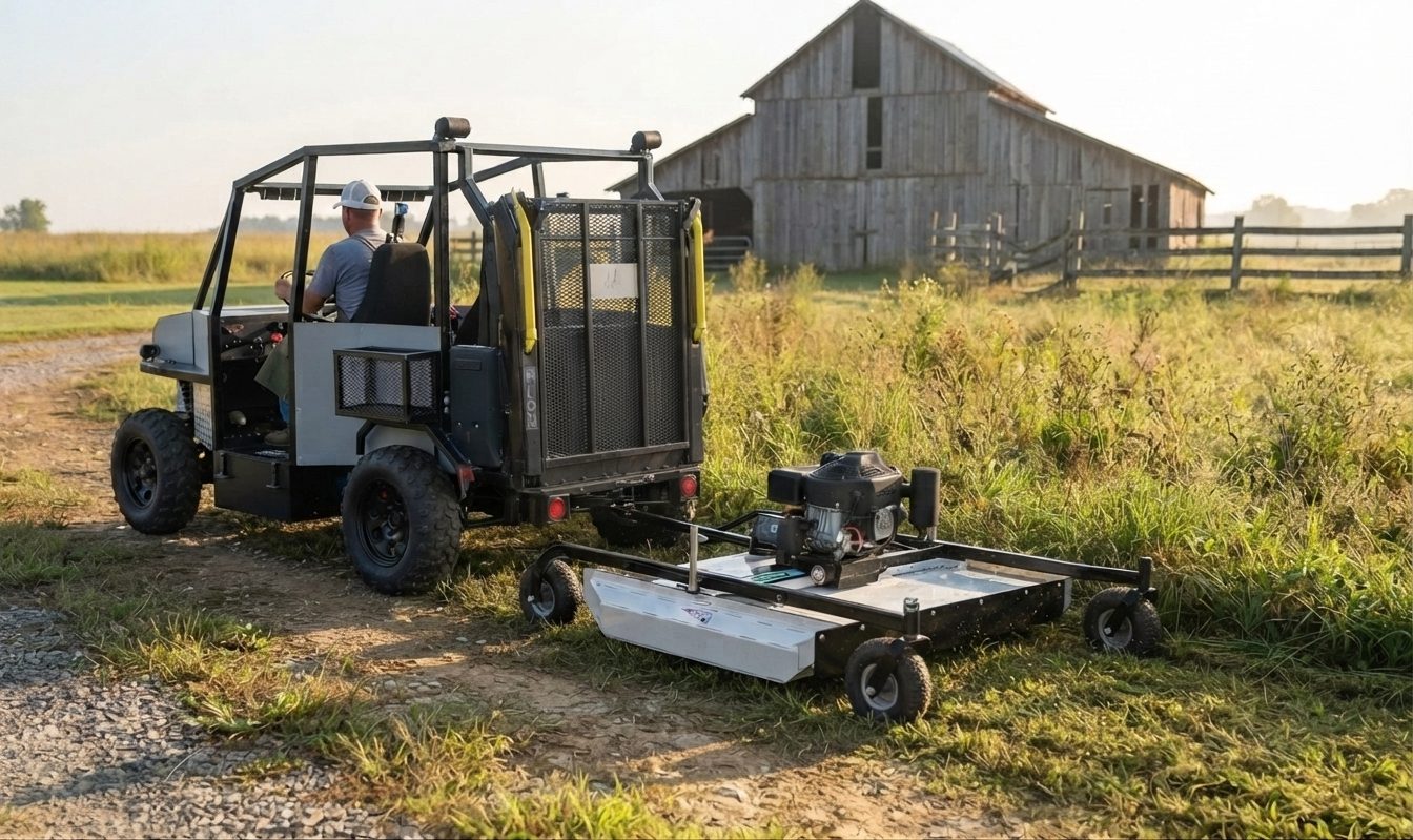 The Enabler 2.0 towing a rough-cut mower along a farm track past a weathered barn, driver at the wheel