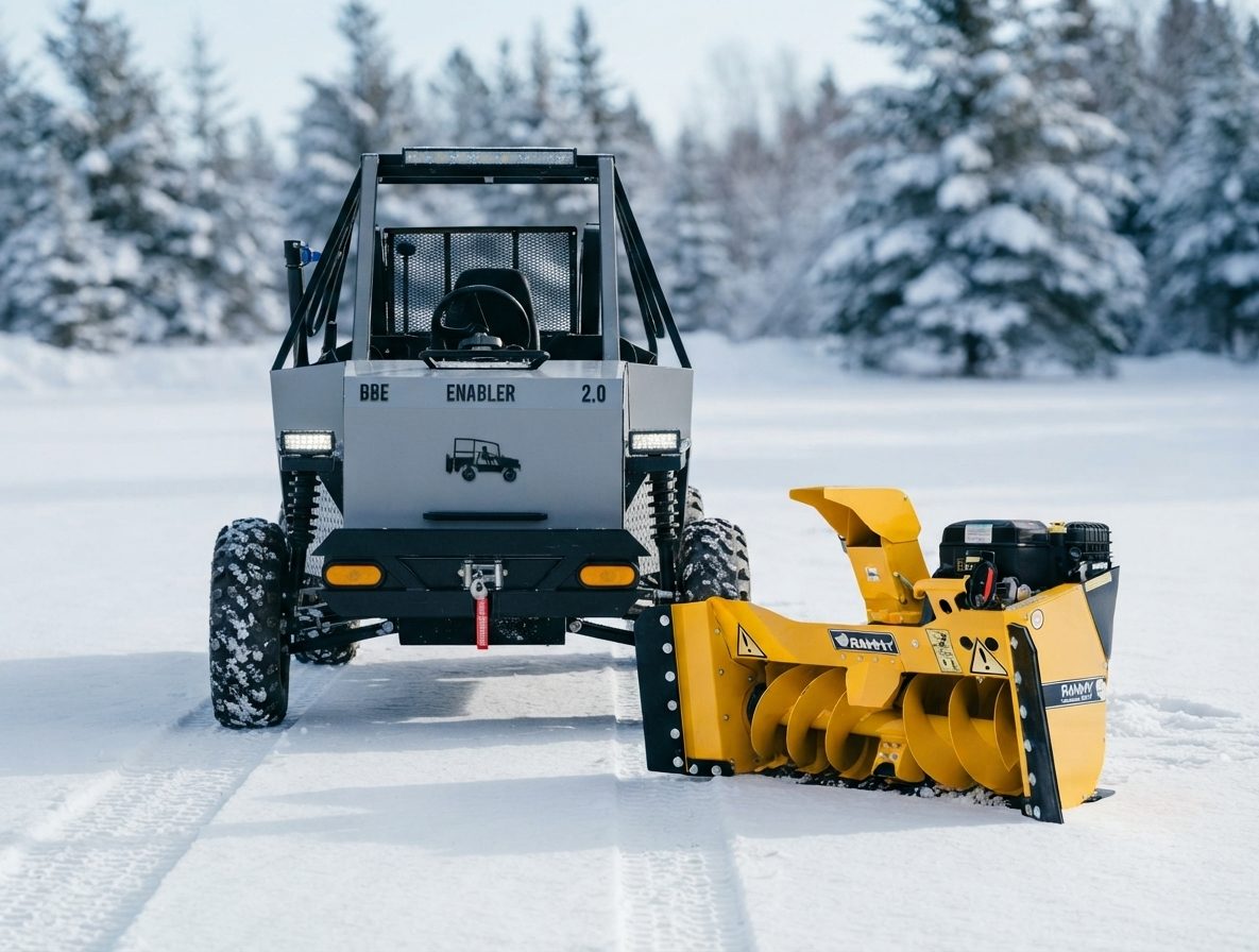Rear view of the Enabler 2.0 with a Rammy snowblower attachment staged behind it in the snow