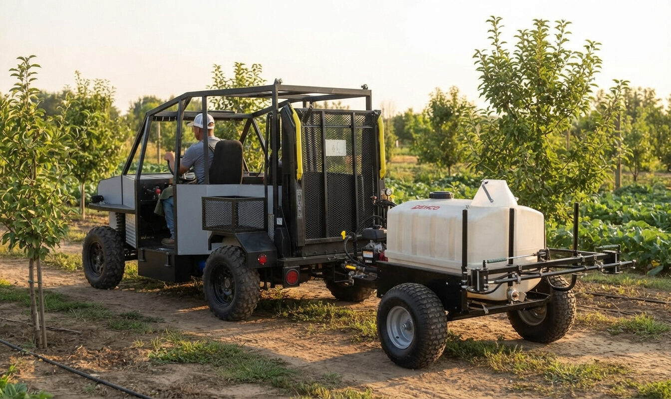 The Enabler 2.0 towing a Demco boom sprayer between rows of young orchard trees, driver visible