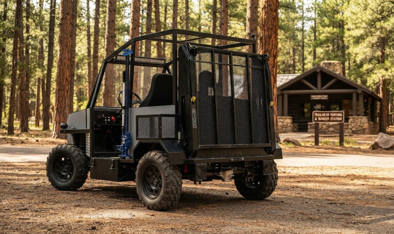 Enabler 2.0 parked at a forest trailhead with its rear gate raised, ranger station and trailhead parking sign in the pines behind it