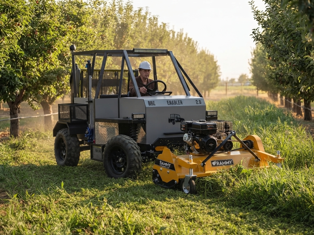 The Enabler 2.0 mowing along an orchard row with a Rammy flail mower attached, driver wearing a hard hat