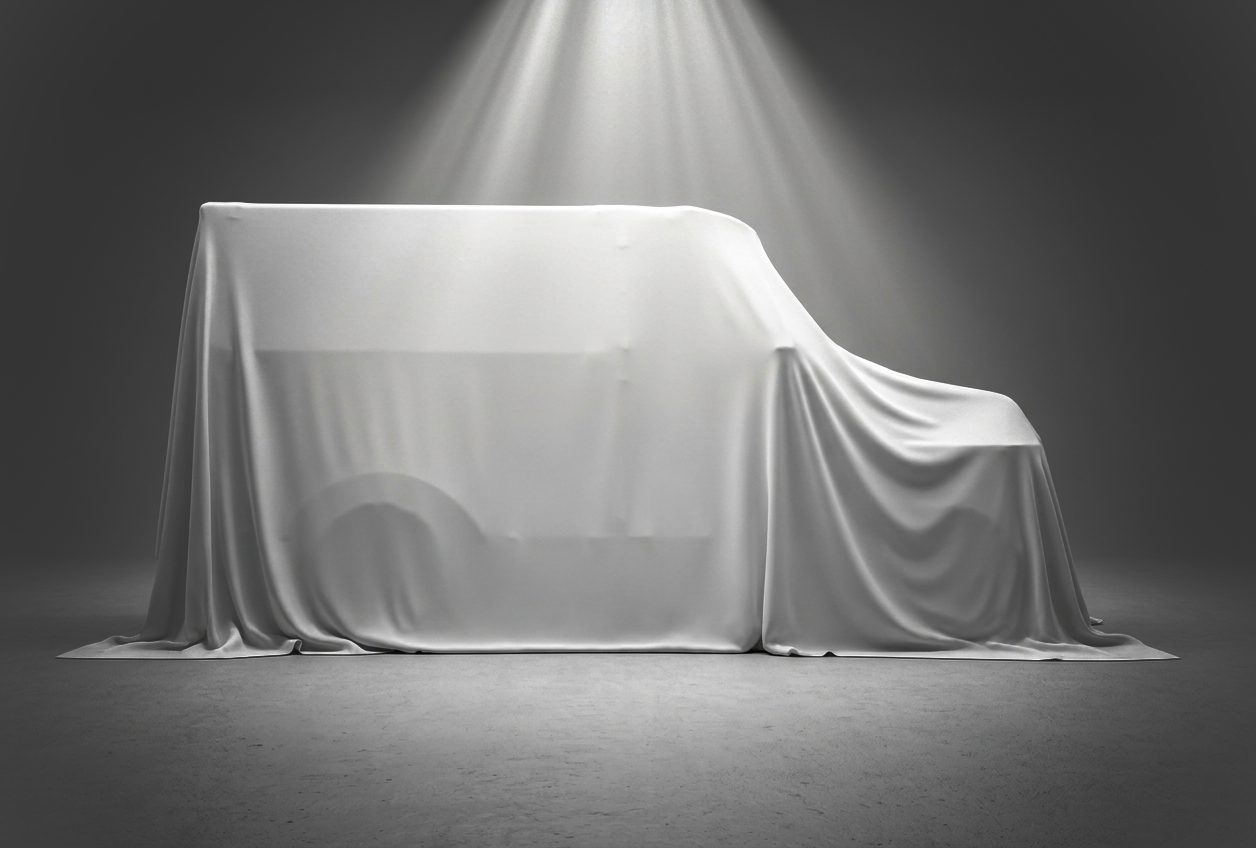 The Enabler 2.1 under a white cover, a beam of light from above picking out its silhouette