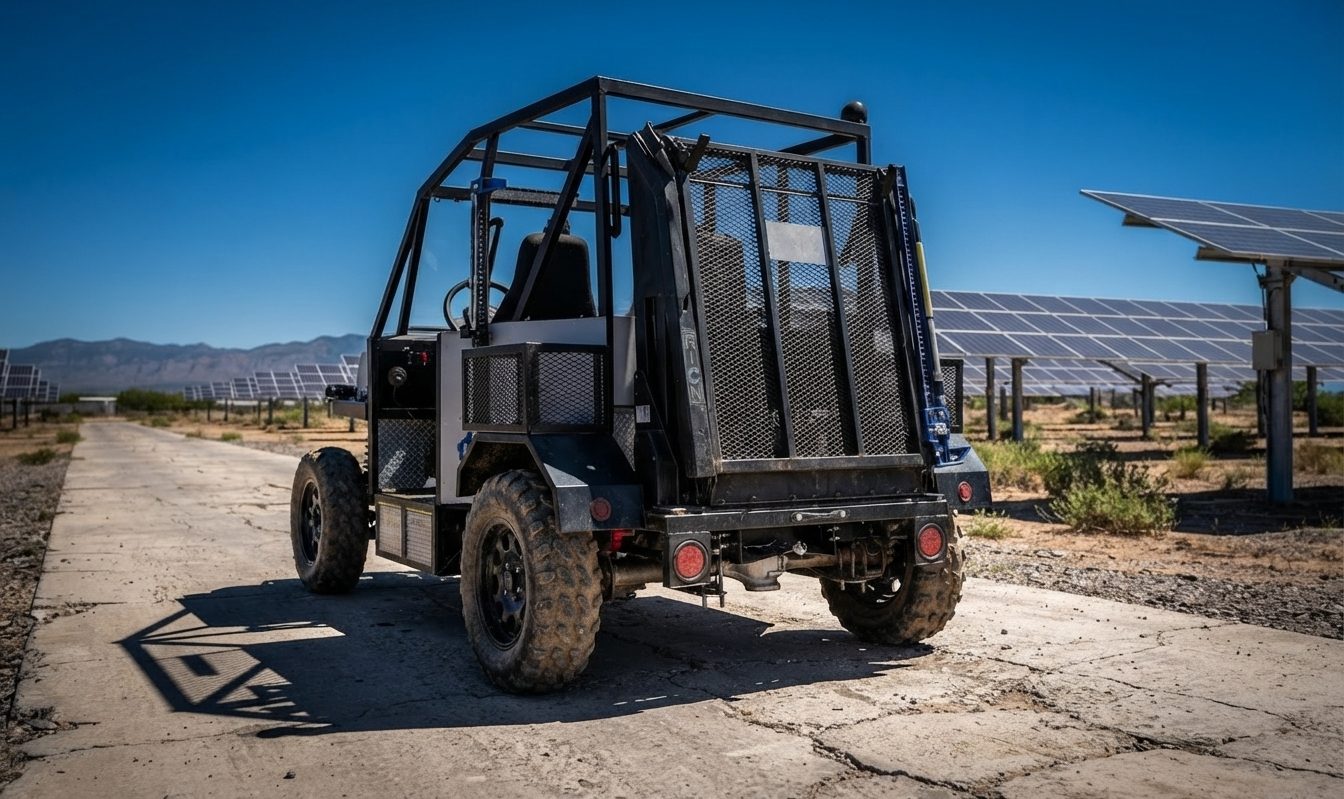 The Enabler 2.0 parked on a concrete path running between rows of solar panels, rear gate raised