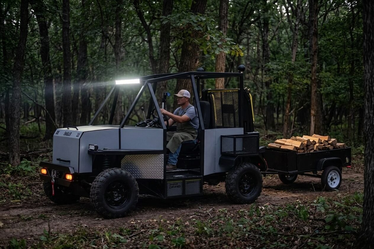 The Enabler 2.0 towing a trailer loaded with split firewood through the woods at dusk