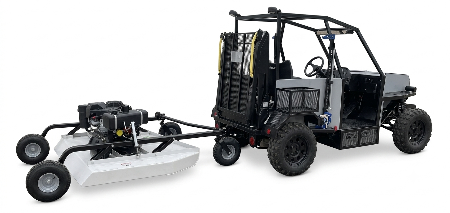 Enabler towing a Kunz rough-cut mower, shown on a white background.