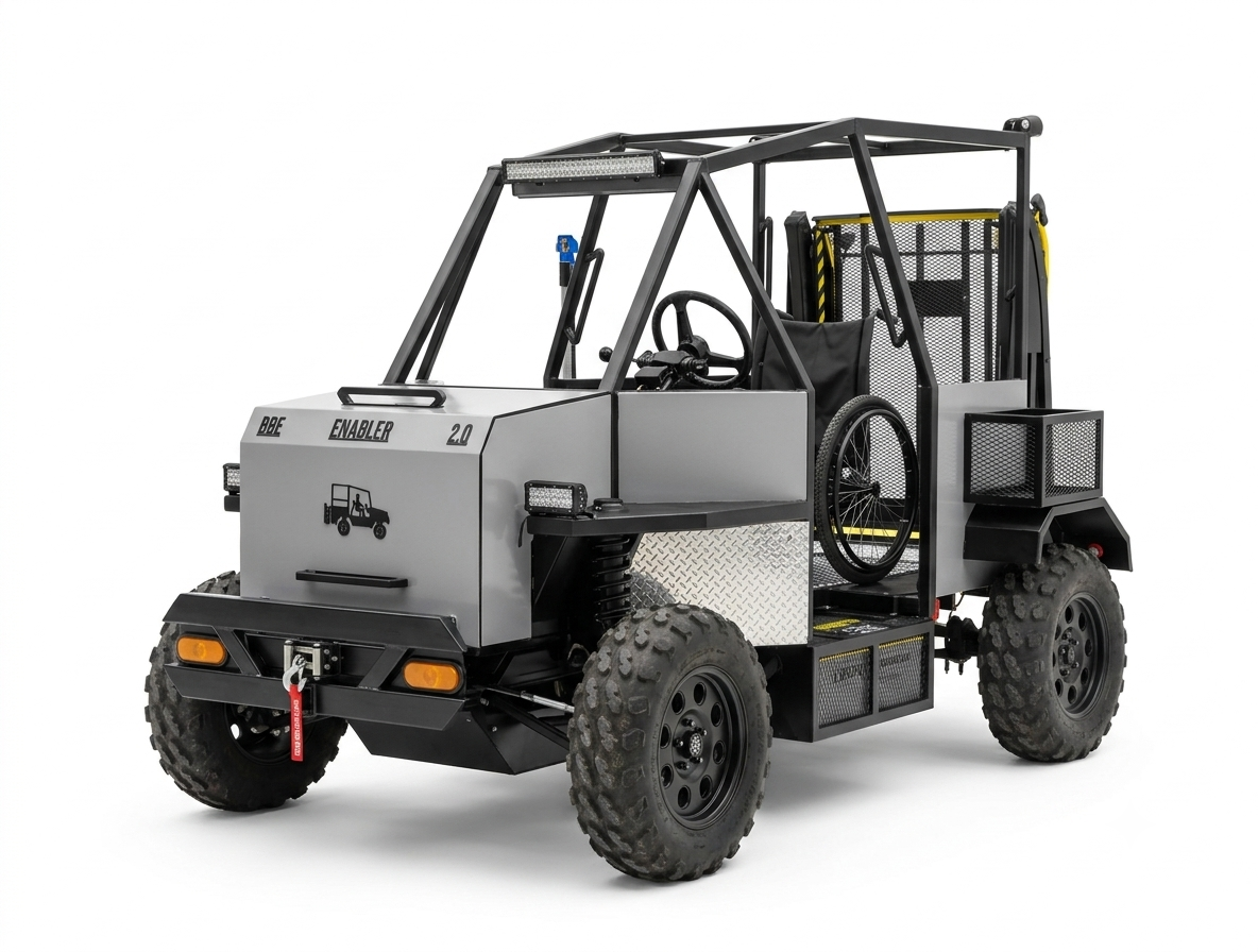 Three-quarter studio product shot of the Enabler on a white background, showing a wheelchair secured at the driver's position on the side boarding lift, with rear cargo basket and roll cage