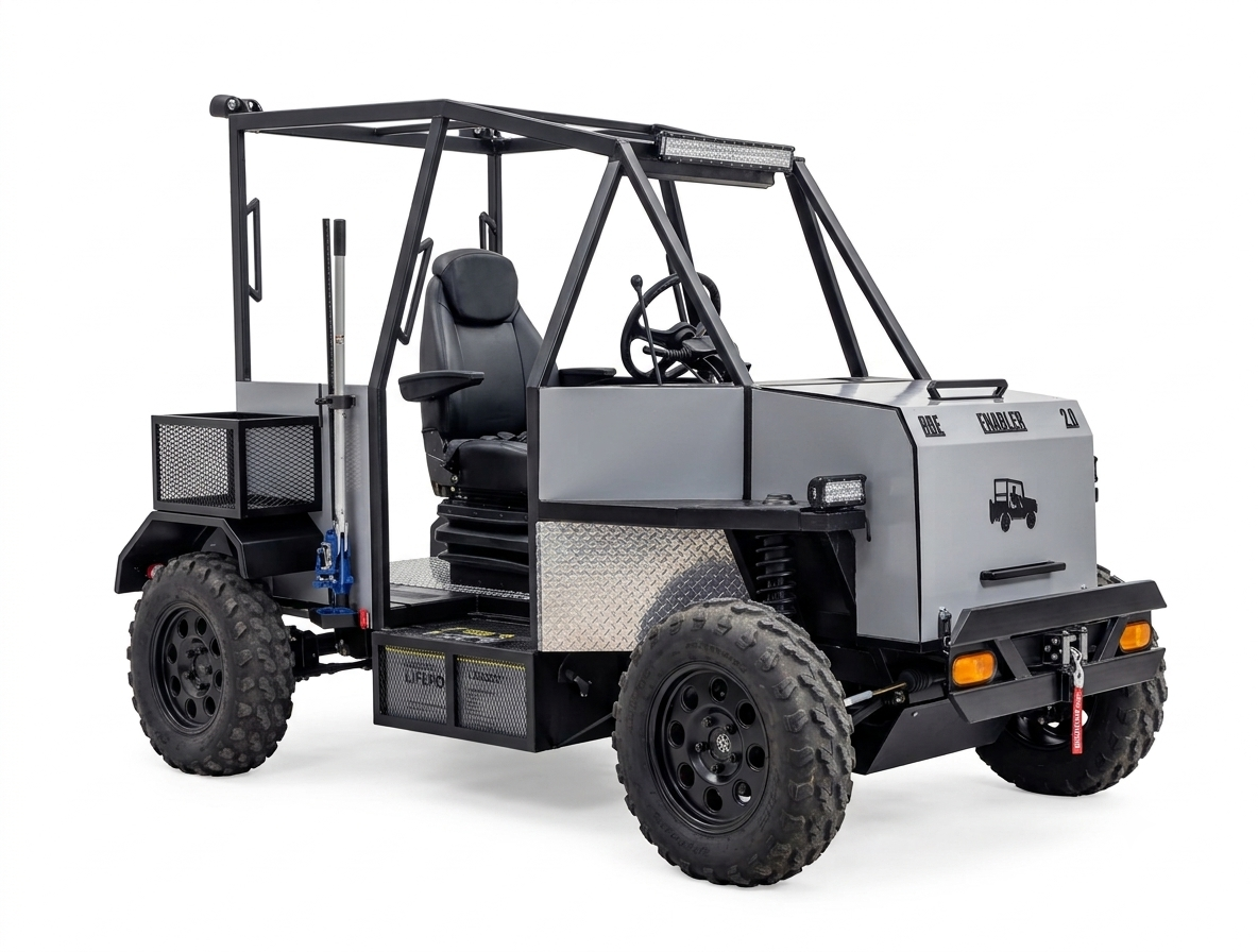 Three-quarter studio product shot of the Enabler on a white background, showing the driver's seat, rear cargo basket and roll cage, without the side boarding lift